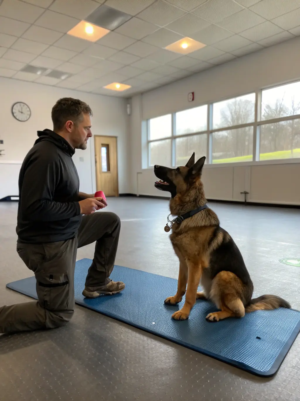 A calm dog working with a trainer in a controlled environment, demonstrating the specialized approach to behavior modification at Accioncan.