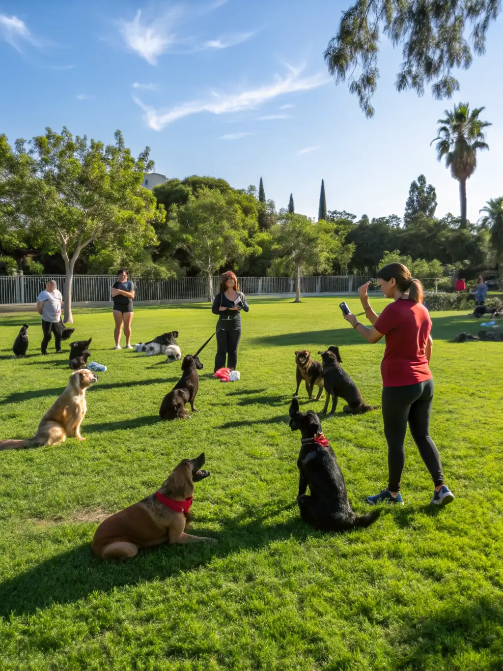A lively group class with dogs and owners engaging in training exercises outdoors, showcasing the fun and social environment of Accioncan's group classes.